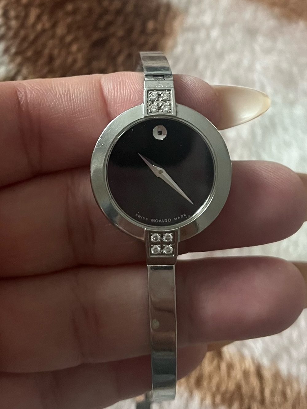 Movado Stainless Steel Black Dial Bangle Watch with Crystal Accents